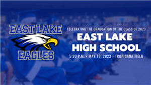 an image of the East Lake Eagle advertising the 2023 graduation with blue and white text